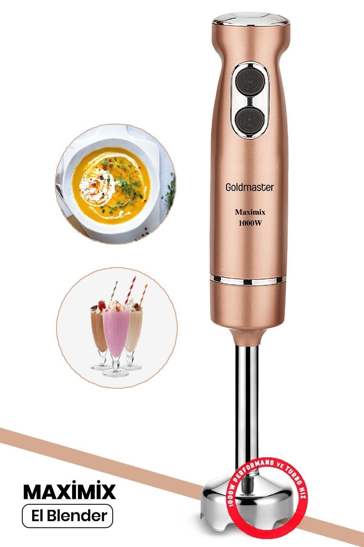 Maximix Gold 1000 Watt 4 Bıçaklı Paslanmaz Çelik Turbo Hız Ayarlı El Blender