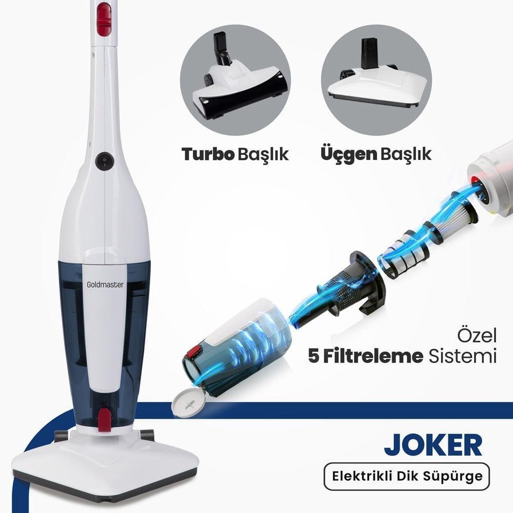 Joker Beyaz Turbo Başlıklı 5 Özel Filtreli Cyclone Dikey Ve Elde Elektrikli Süpürge 5 Yıl Garantili