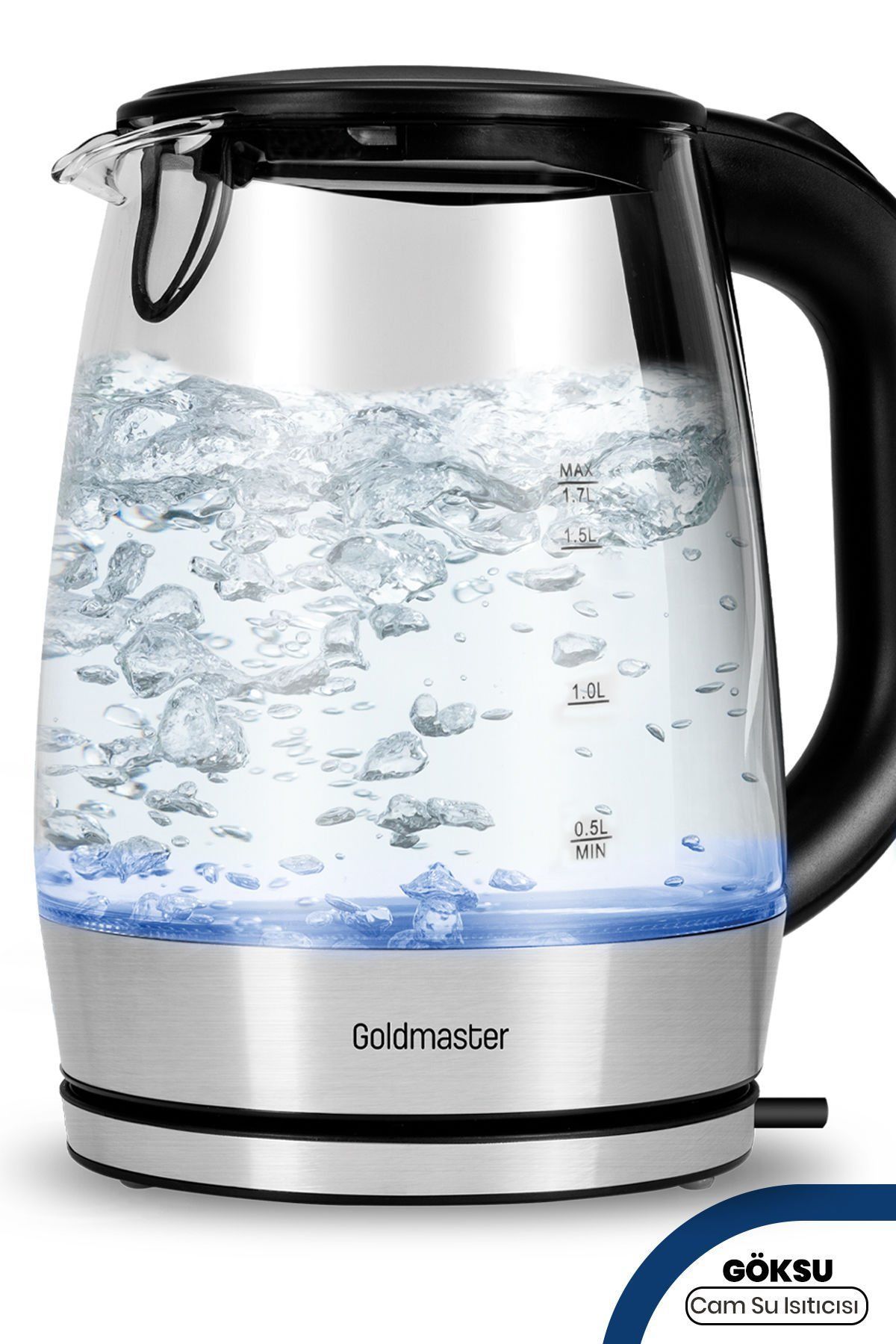 Göksu Paslanmaz Çelik 2200 Watt 1.7 Litre Işıklı Cam Kettle Su Isıtıcı