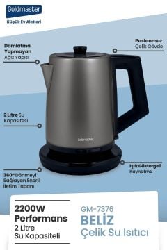 Beliz 2200 Watt Paslanmaz Çelik 2 Litre Kettle Su Isıtıcısı Antrasit Gm7376an