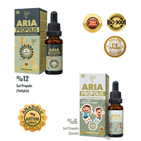 Yetişkin ve Çocuk Seti: ARIA Propolis Suda Çözünebilir Damla %12 ve ARIA Propolis Çocuklar İçin Suda Çözünebilir Propolis Damla %6 - 20ml