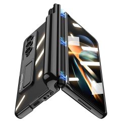 Samsung Galaxy Z Fold 4 uyumlu Kılıf Kalem Bölmeli Kick Standlı Kapak Premium Electroplate Metalik