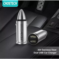 Choetech Bullet 3.1A Çift USB Çıkışlı Araç Içi Şarj Cihazı Gümüş C0023