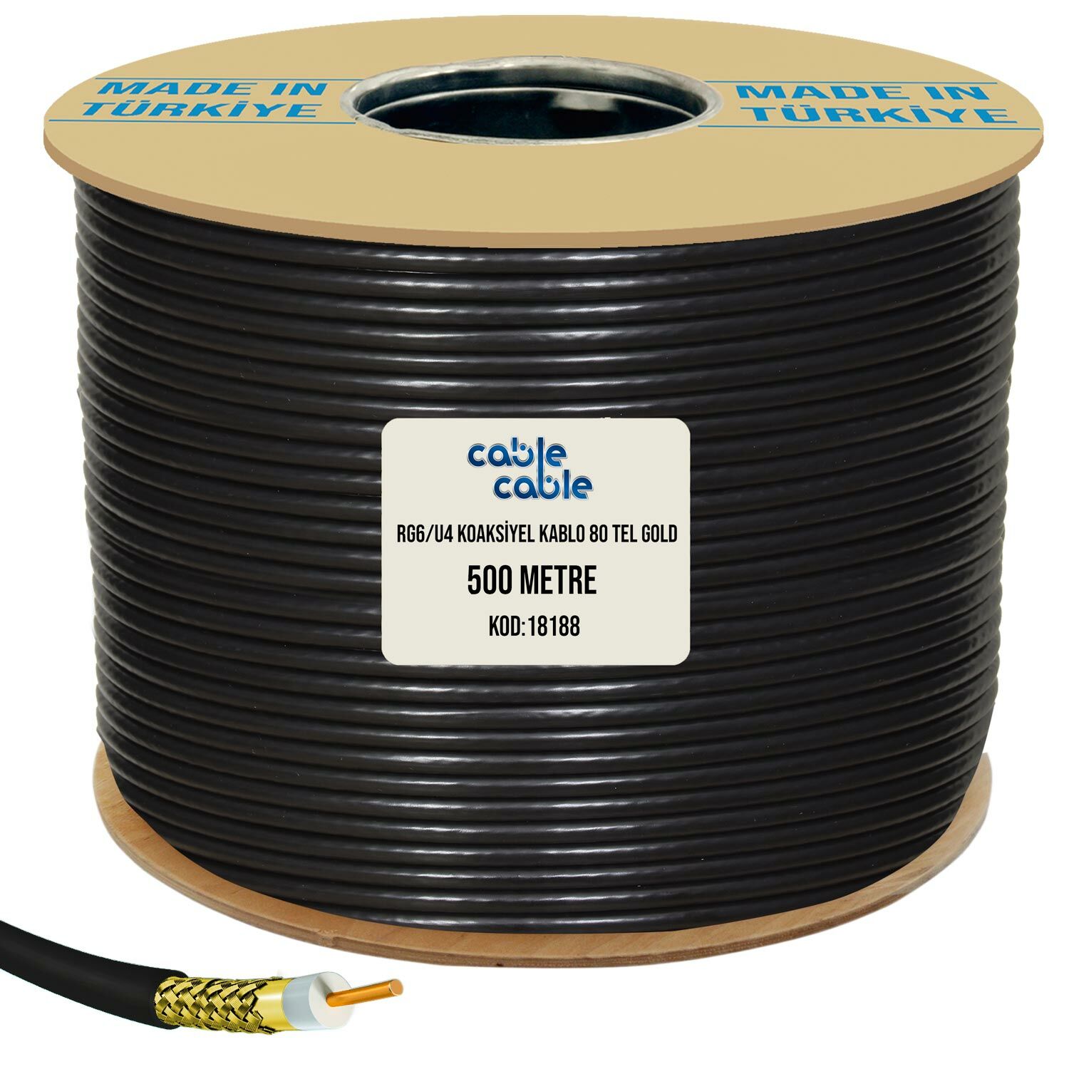 CABLECABLE Anten Kablosu Rg6 U4 1.02mm 80 Tel Gold Bakır Alaşım 500 Metre Siyah