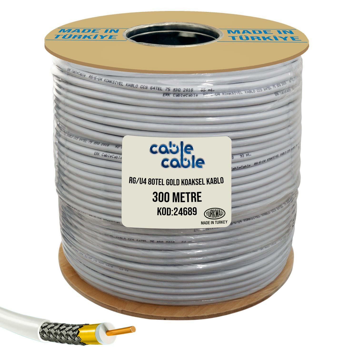 CABLECABLE Anten Kablosu Rg6 U4 1.02mm 80 Tel Gold 300 Metre