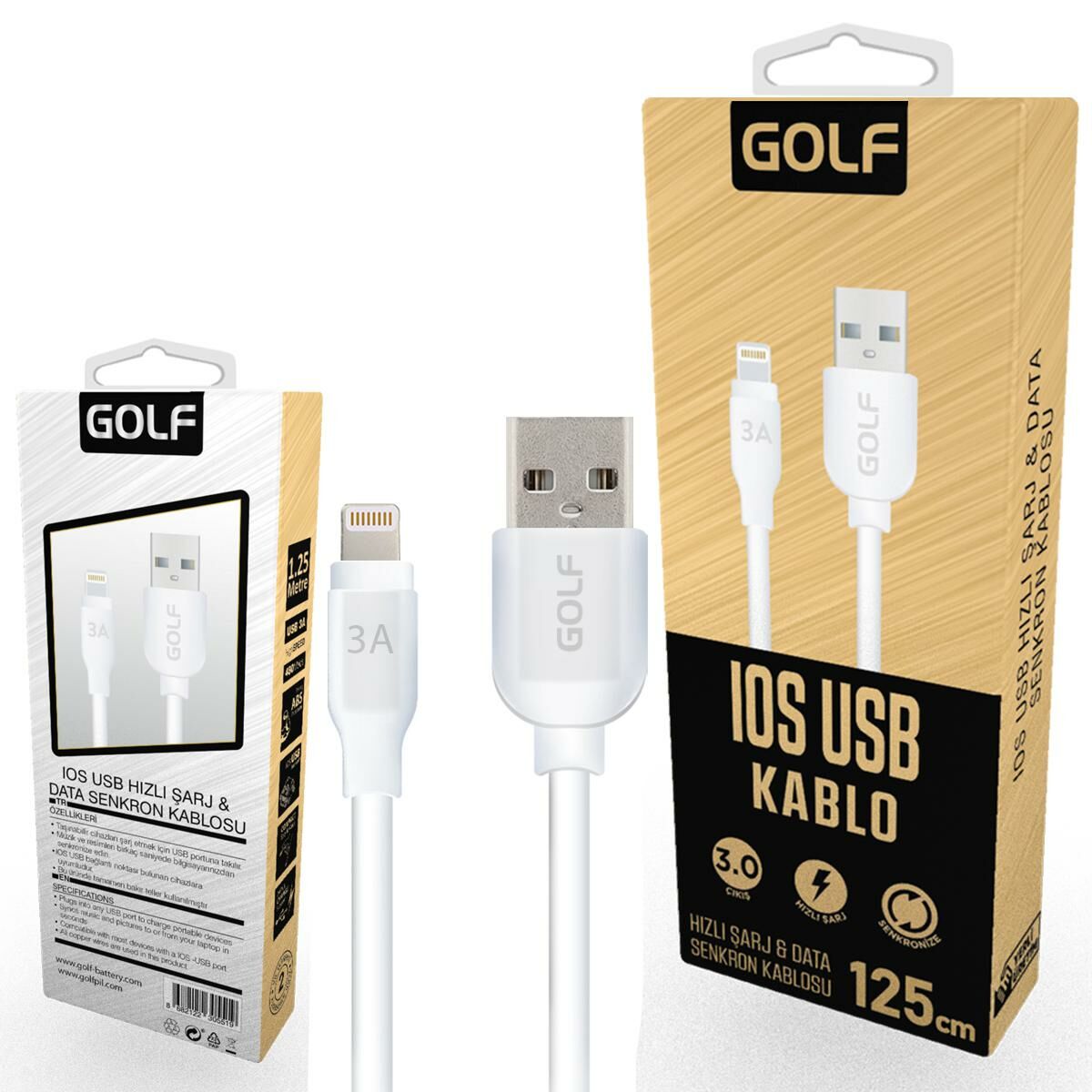 ŞARJ KABLO IPHONE APPLE 3A BEYAZ 125CM GOLF