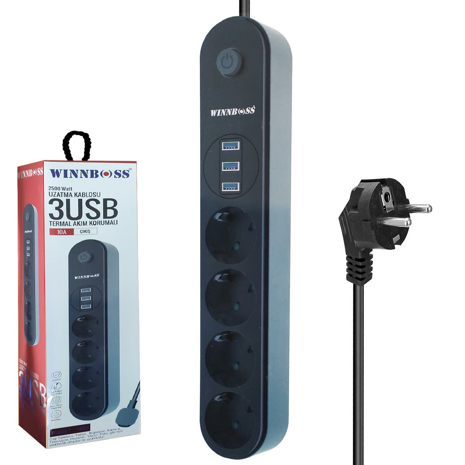 AKIM KORUMALI PRİZ DÖRTLÜ ANAHTARLI 2MT 3XUSB WINNBOSS WN-3402