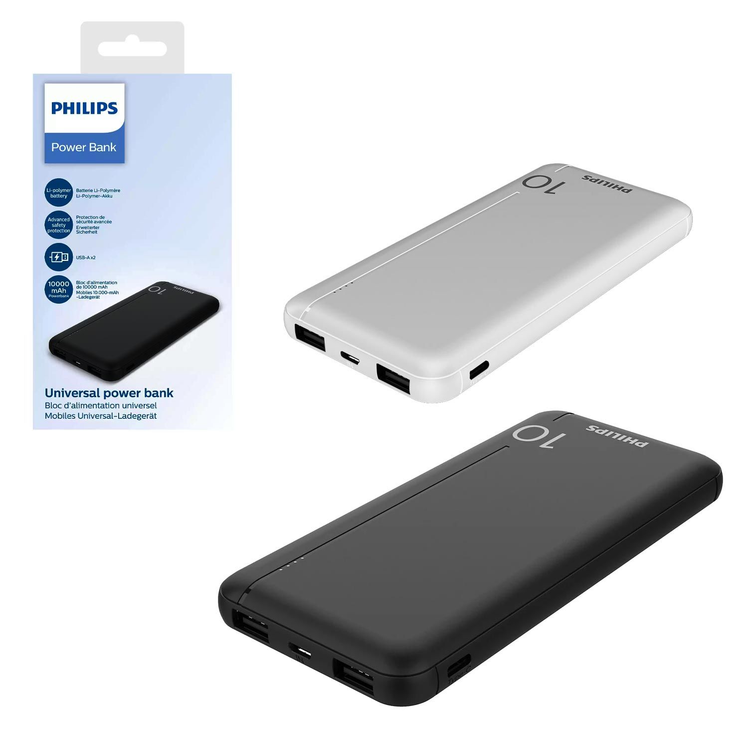 POWERBANK 10000 MAH 2XUSB MICRO TYPE-C GİRİŞLİ SİYAH BEYAZ PHILIPS DLP-1810