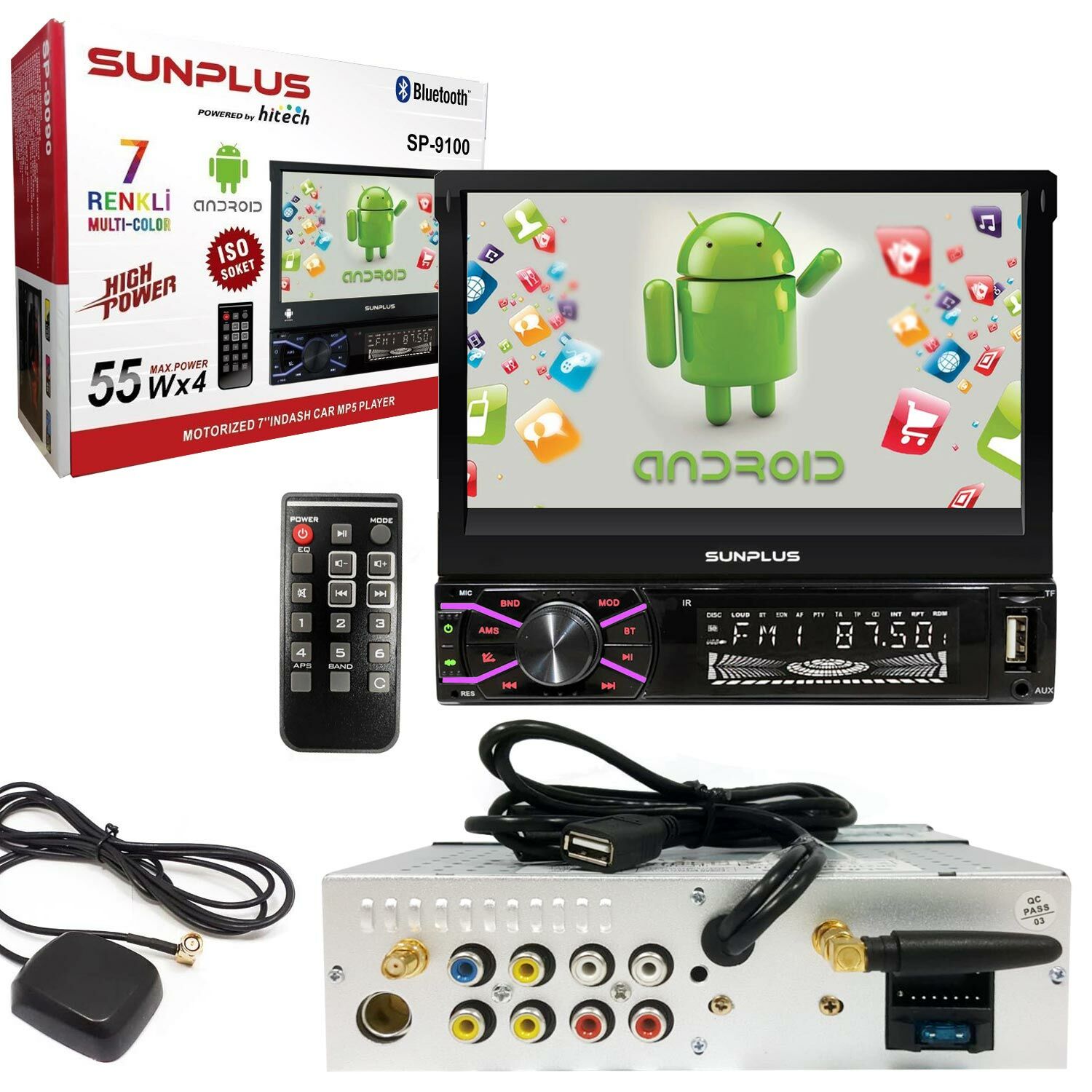 OTO TEYP INDASH 7 4X55W MİRRORLİNK ANDROİD BT/USB/SD/AUX/GPS 7 RENKLİ SUNPLUS SP-9100