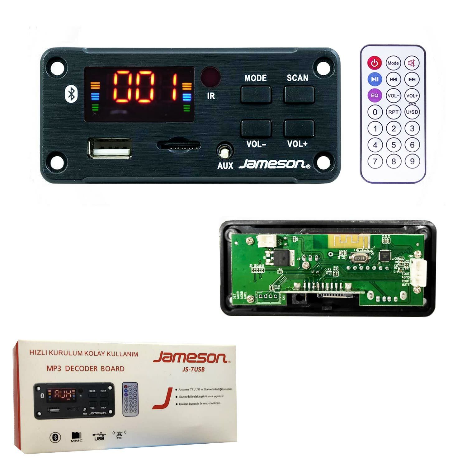 OTO TEYP ÇEVİRİCİ BORD 12V BT/USB/SD/FM/AUX KONUŞMALI RENKLİ EKRAN JAMESON JS-7USB