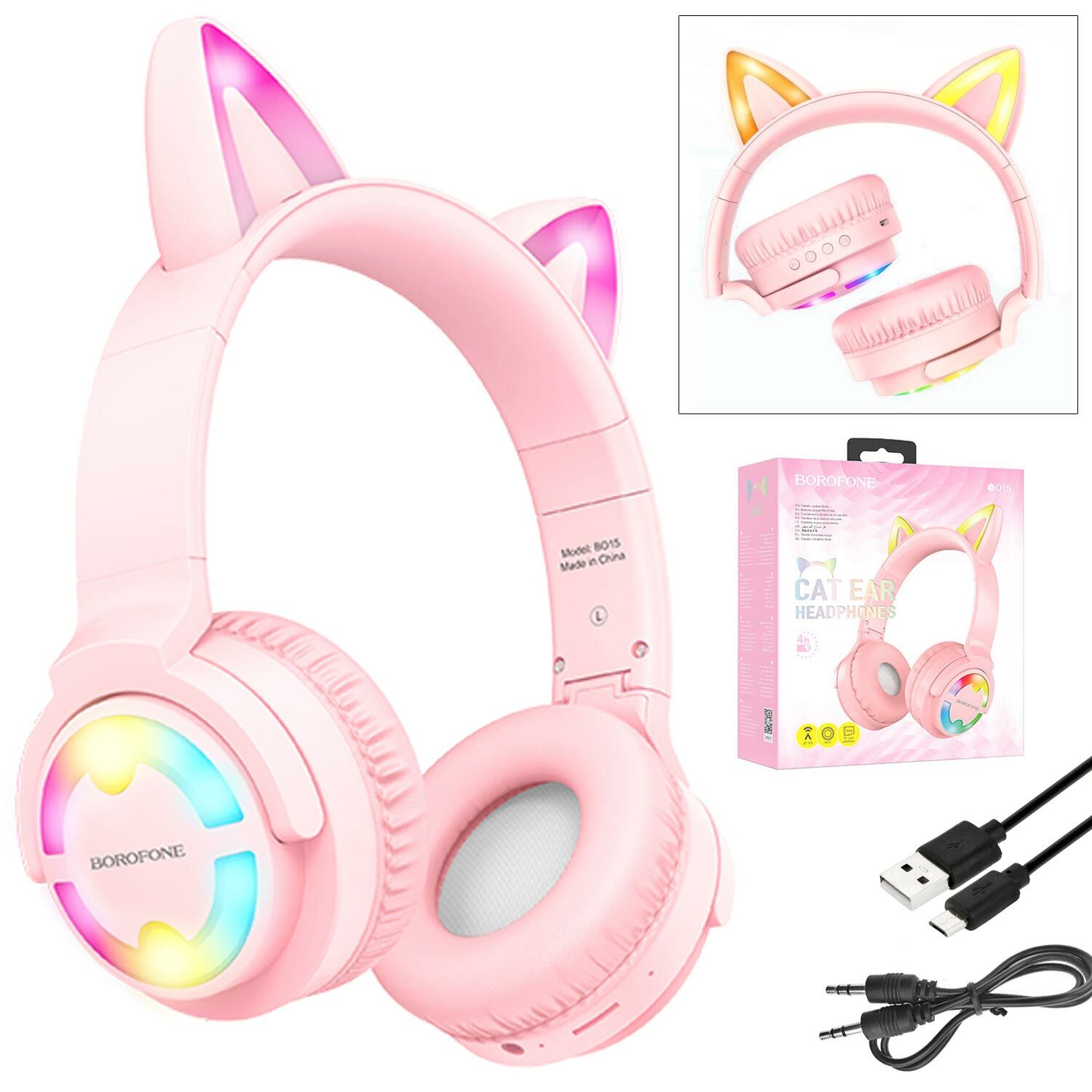KABLOSUZ KULAK ÜSTÜ KULAKLIK BLUETOOTH SD RGB LEDLİ PEMBE BOROFONE BO-15