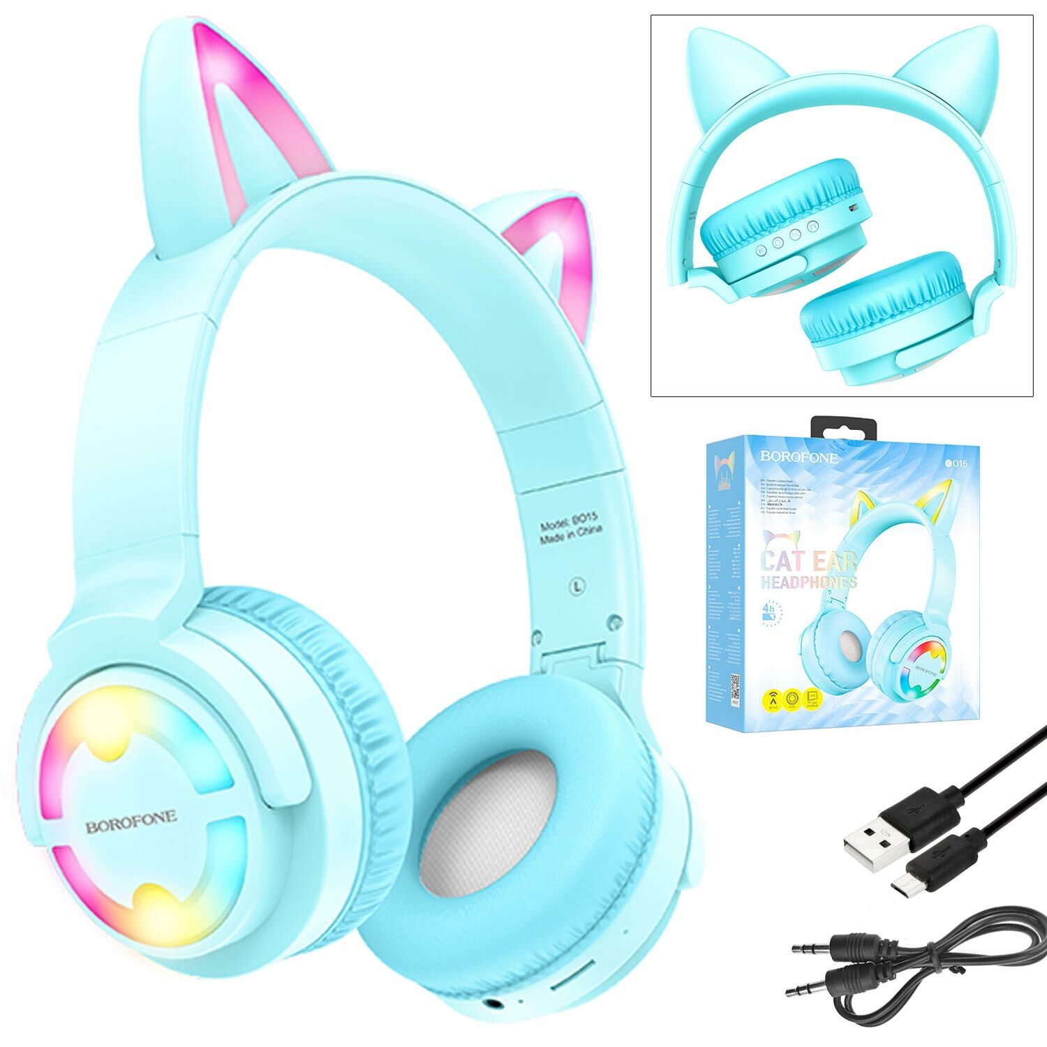 KABLOSUZ KULAK ÜSTÜ KULAKLIK BLUETOOTH SD RGB LEDLİ MAVİ BOROFONE BO-15