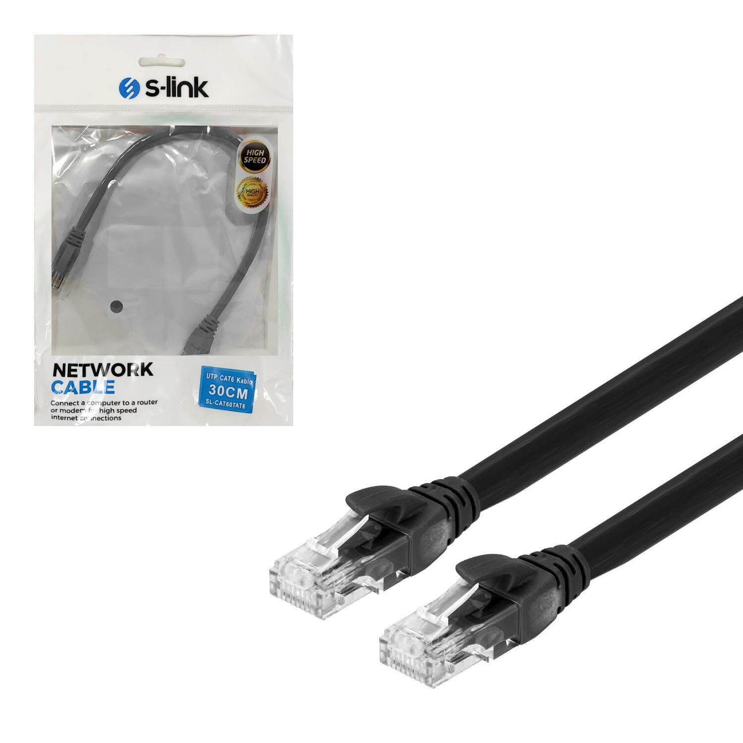 CAT6 PATCH NETWORK ETHERNET KABLO UTP SİYAH 30CM S-LİNK SL-CAT6030BK