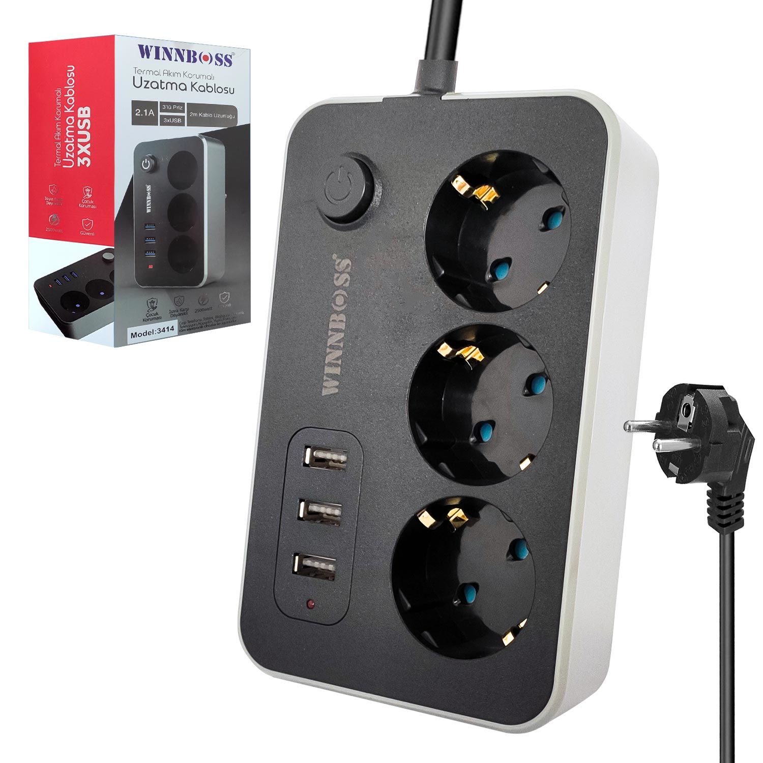 AKIM KORUMALI PRİZ ÜÇLÜ ANAHTARLI 2MT 3XUSB 10A 2500W WINNBOSS WN-3414