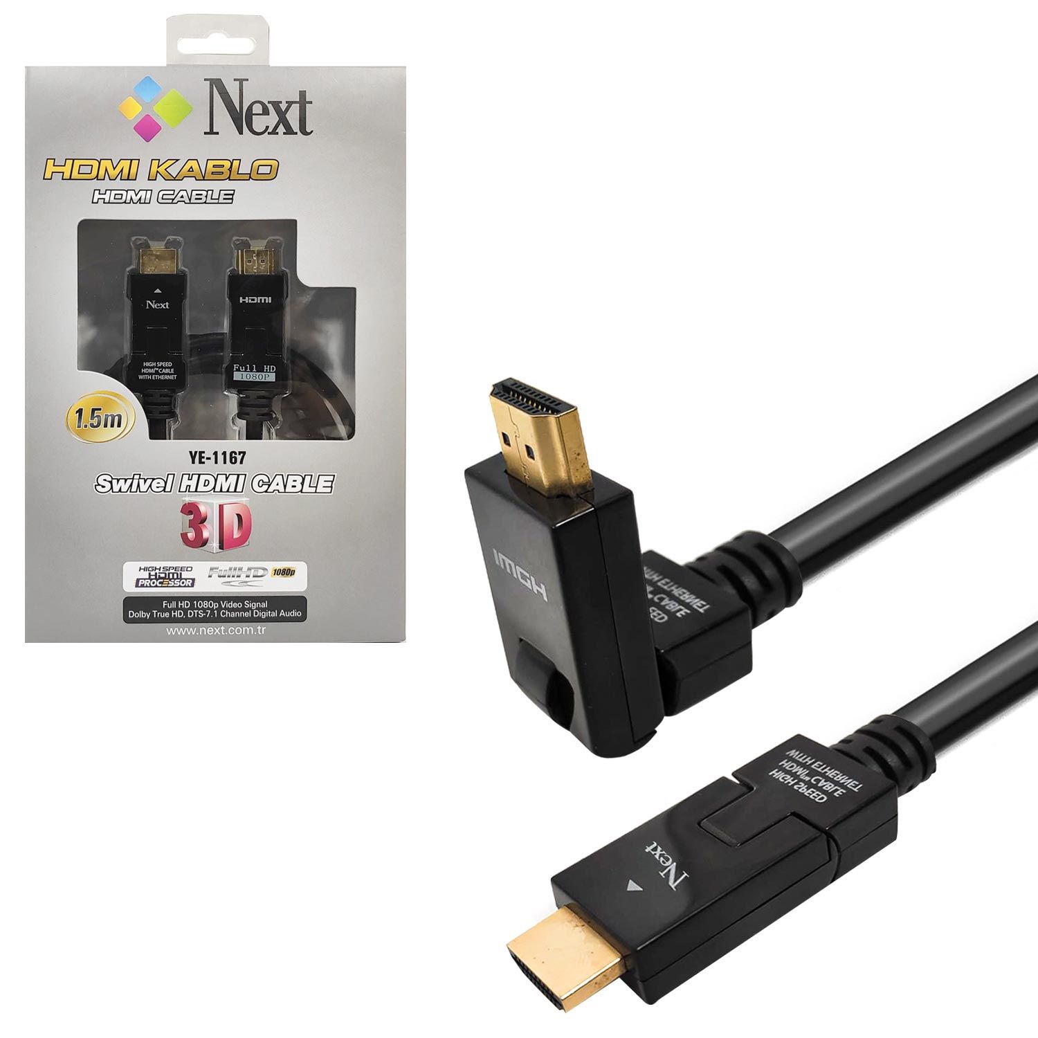 HDMI KABLOSU GOLD 1.4 3D 4K OYNAR BAŞLIK L TİP 1.5MT NEXT YE-1167