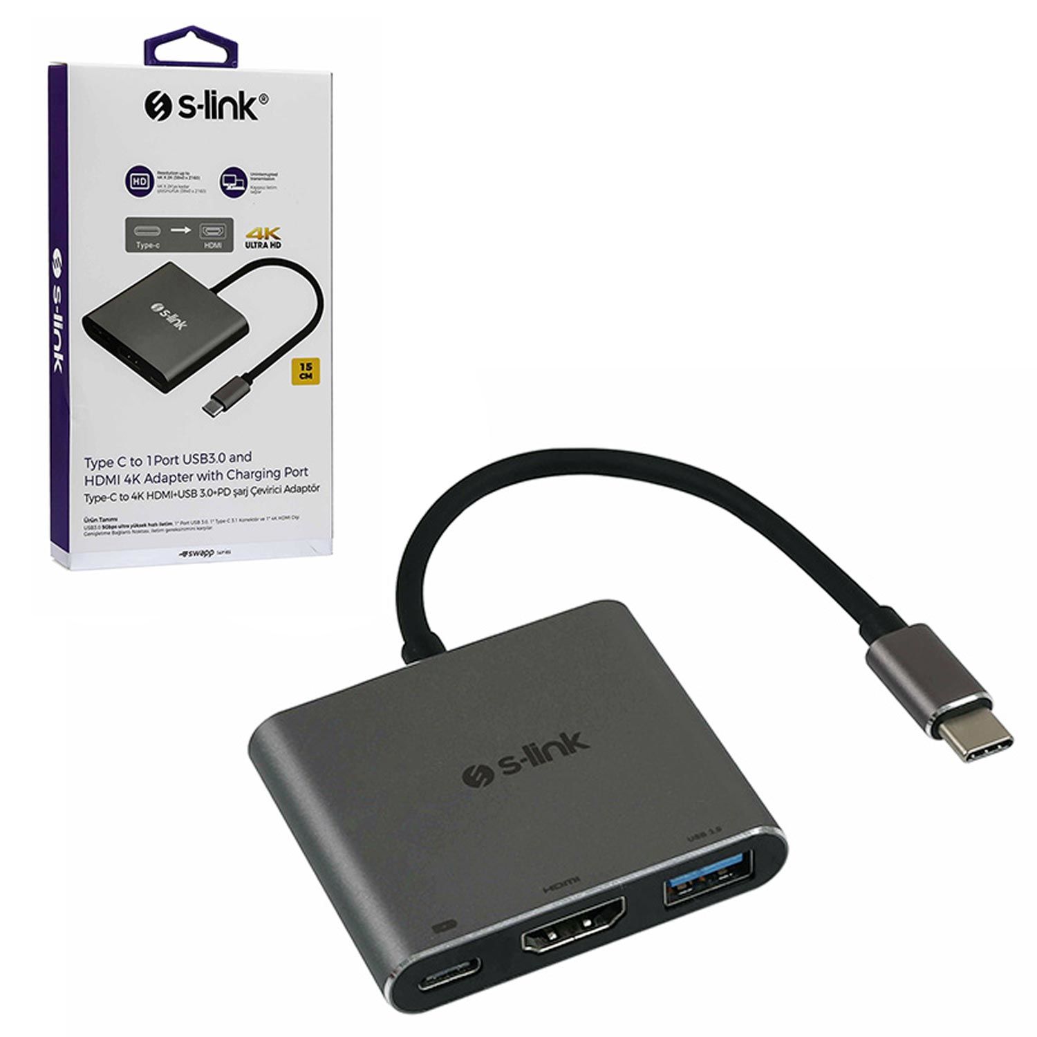 ÇEVİRİCİ ADAPTÖR 3 IN 1 TYPE-C TO HDMI+USB+PD 4K S-LİNK SW-U515