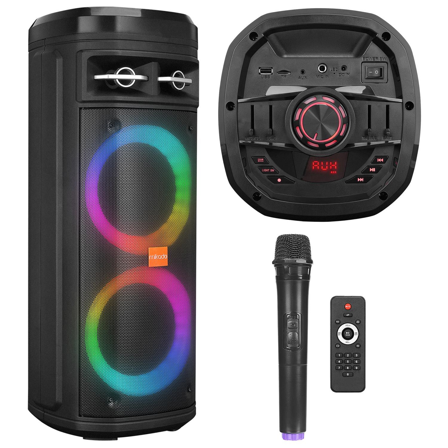 AKTİF SEYYAR ANFİ UHF EL MİKROFONLU 30W BT/USB/SD/AUX/FM/MIC LEDLİ MİKADO MD-BT106