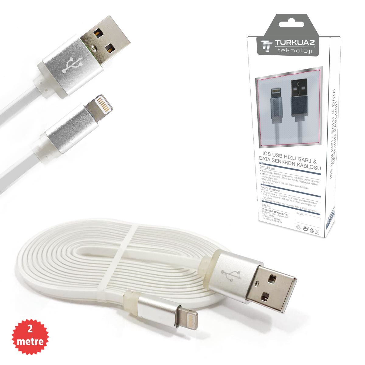 ŞARJ KABLO IPHONE APPLE 2.4A FLAT BEYAZ 2MT