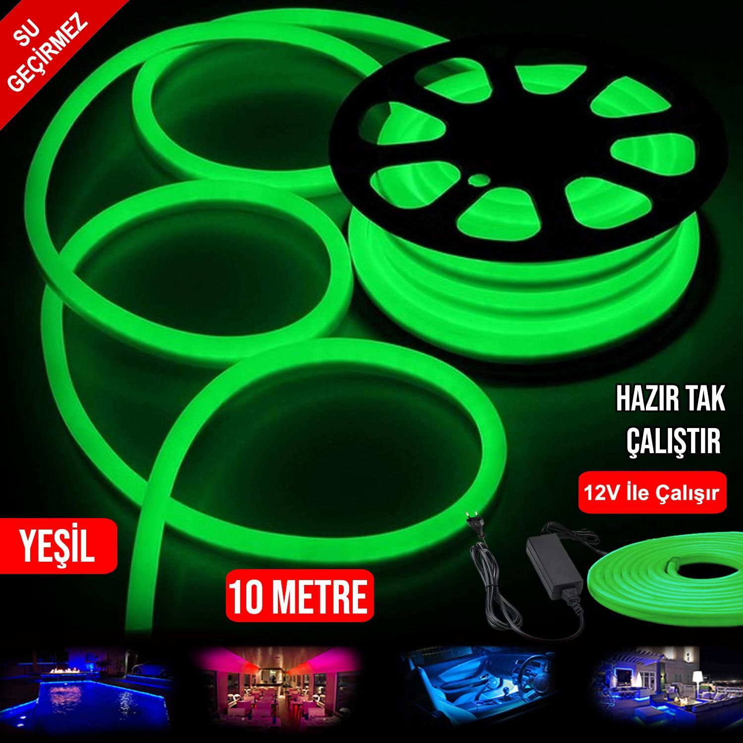 NEON HORTUM LED YEŞİL SU GEÇİRMEZ 12V 10MT TAK KULLAN