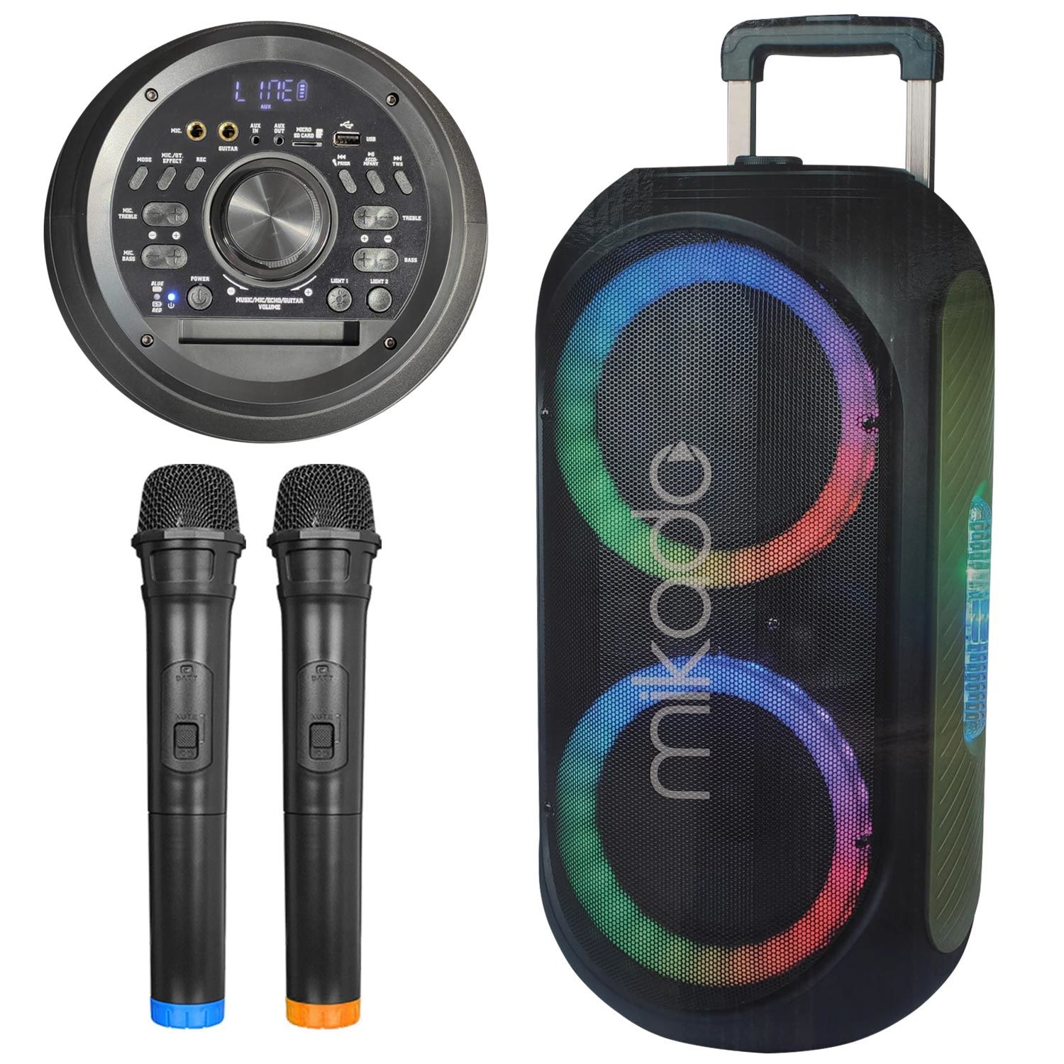 AKTİF SEYYAR ANFİ UHF 2 EL MİKROFONLU 100W BT/USB/TWS LED MİKADO MD-BT125