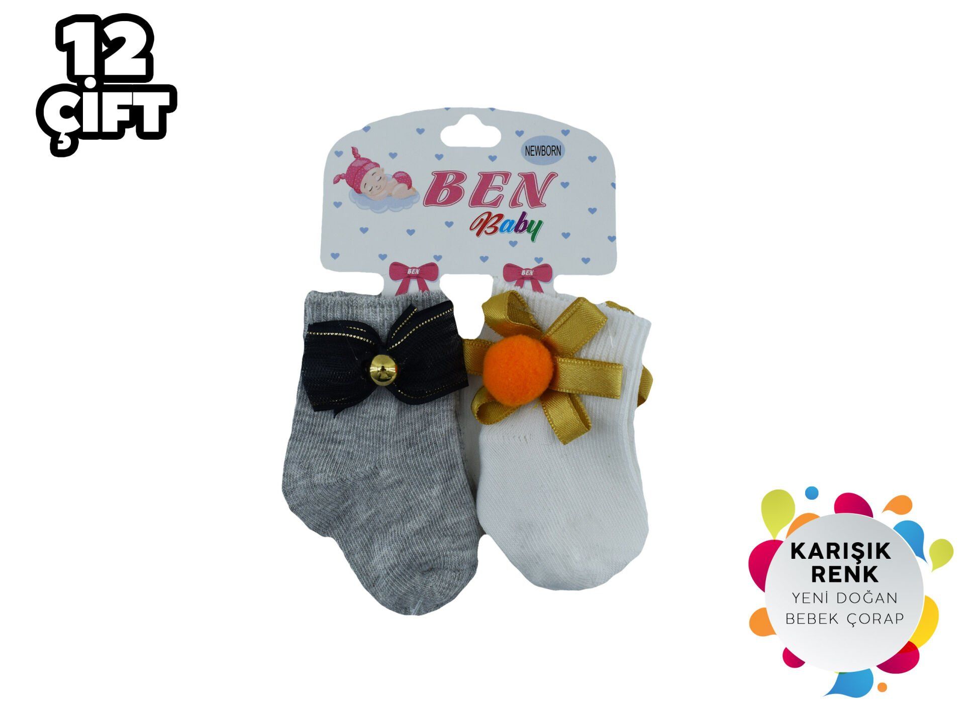 XGRİ POLO 34-3 Aksesuarlı Yıkamalı Penye Yeni Doğan Bebek Çorabı 12'li