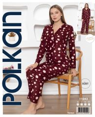 Polkan 11042 Bayan Uzun Kollu Süet Pijama Takım 4'lü