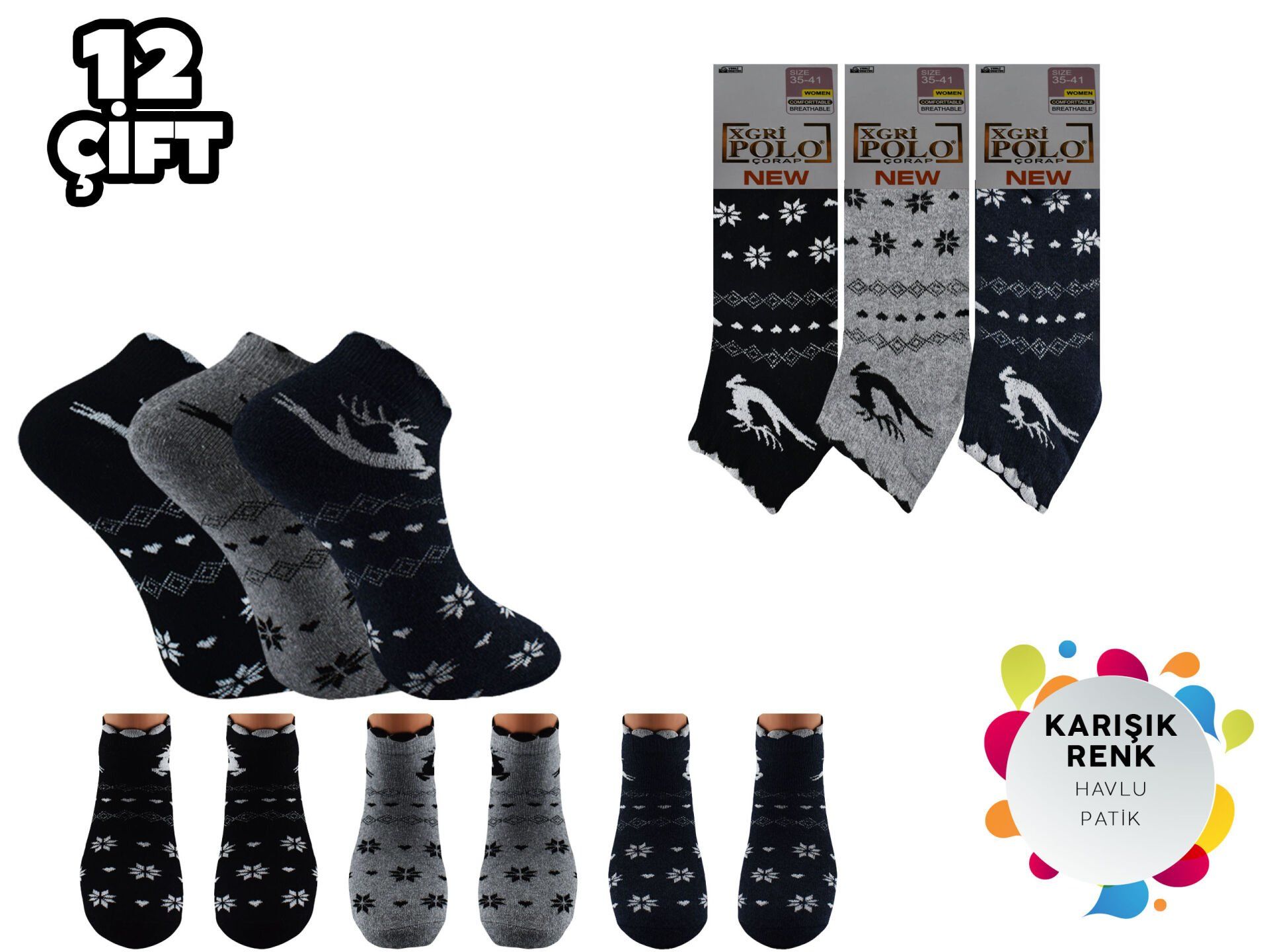 XGRİ POLO 82-1 Bayan Havlu Patik 12'li