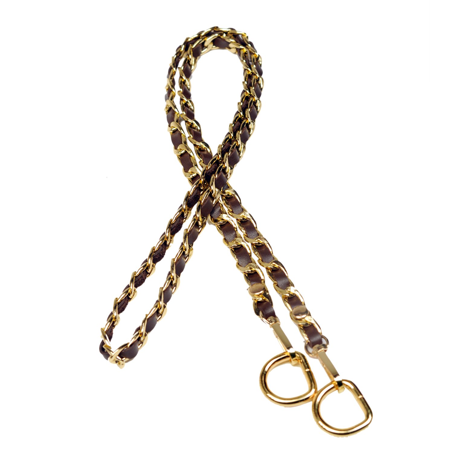 Suni Derili Metal Çanta Zincir Seti -Zincir Uzunluk 110 cm Zincir Altın Renk - Kahverengi Deri