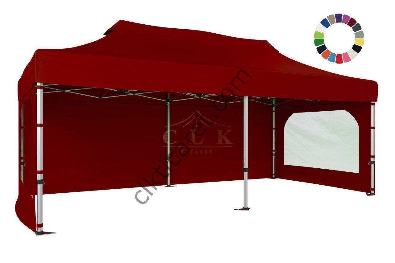 CLK 3x6 Katlanabilir Tente Gazebo Portatif Çadır 30 mm 3 Yan Duvarlı 2 Pencereli