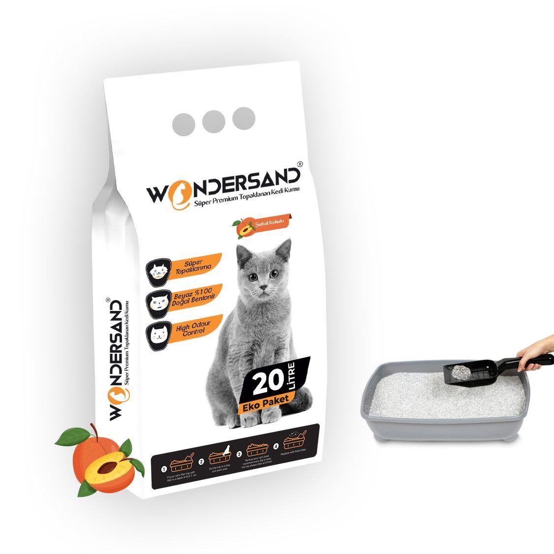 Wondersand 20 Lt Beyaz Bentonit İnce Tane ŞEFTALİ Kokulu Süper Topaklanan Premium Kedi Kumu