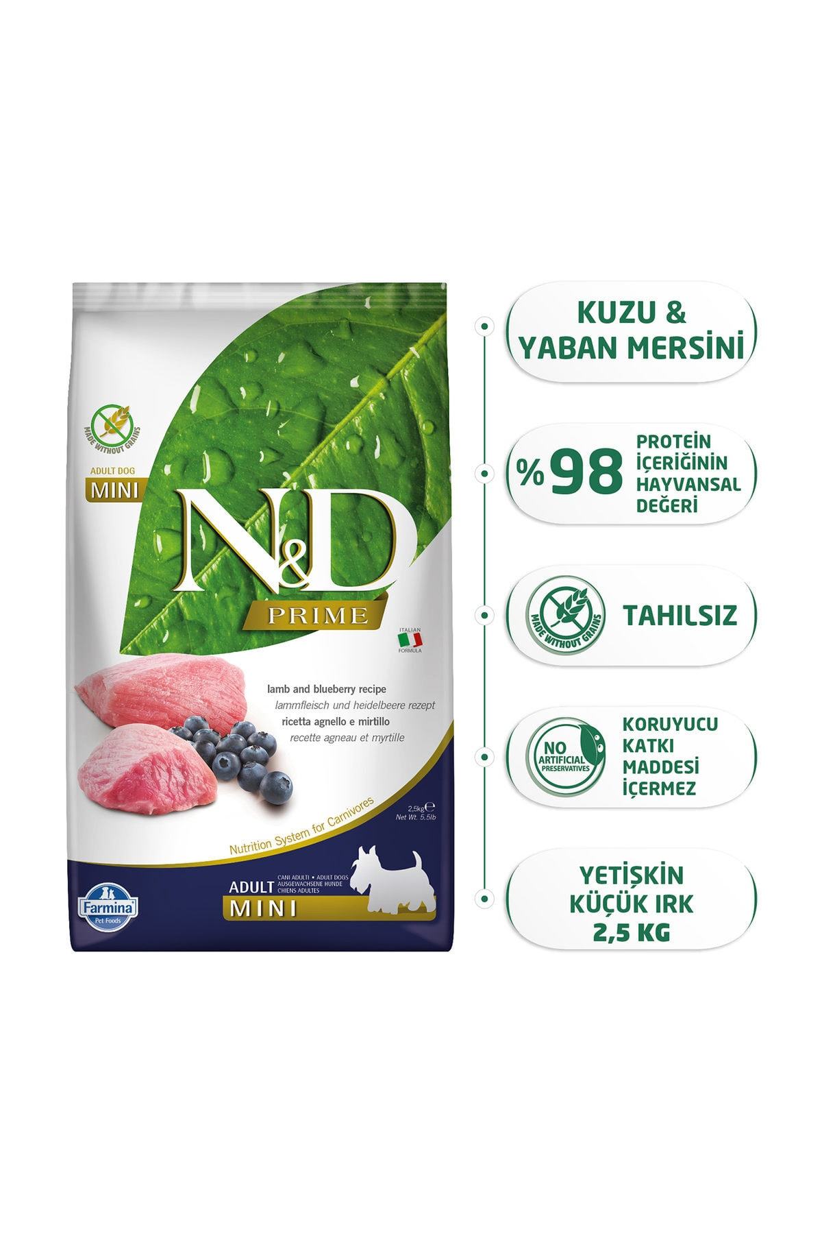 N&D Kuzulu Yaban Mersinli Tahılsız Mini Yetişkin Köpek Maması 2.5 kg