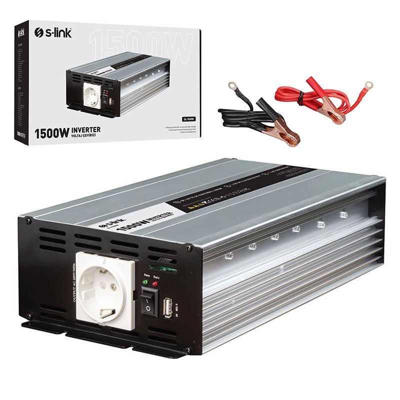 S-Link SL-1500W Dc12v-Ac230v 1500w İnverter 12V-220V Çevirici Dönüştürücü