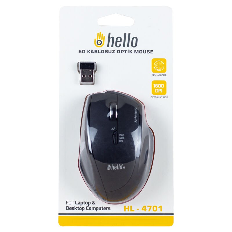 Hello HL-4701 2.4GHZ 1600DPI Şarjlı 5D Kablosuz Optik Mouse 5 Düğmeli Scroll Tuşlu