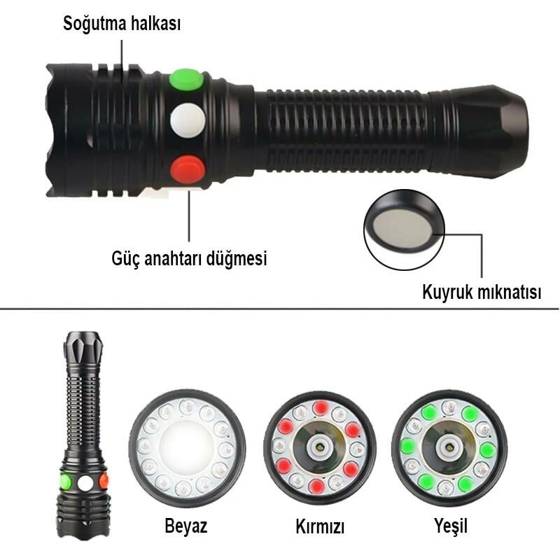 Powermaster PM-3190 LED Sinyal Işığı El Feneri Şarjlı Uzun Menzilli LED Torch Parlak Işık Sinyal Lambası