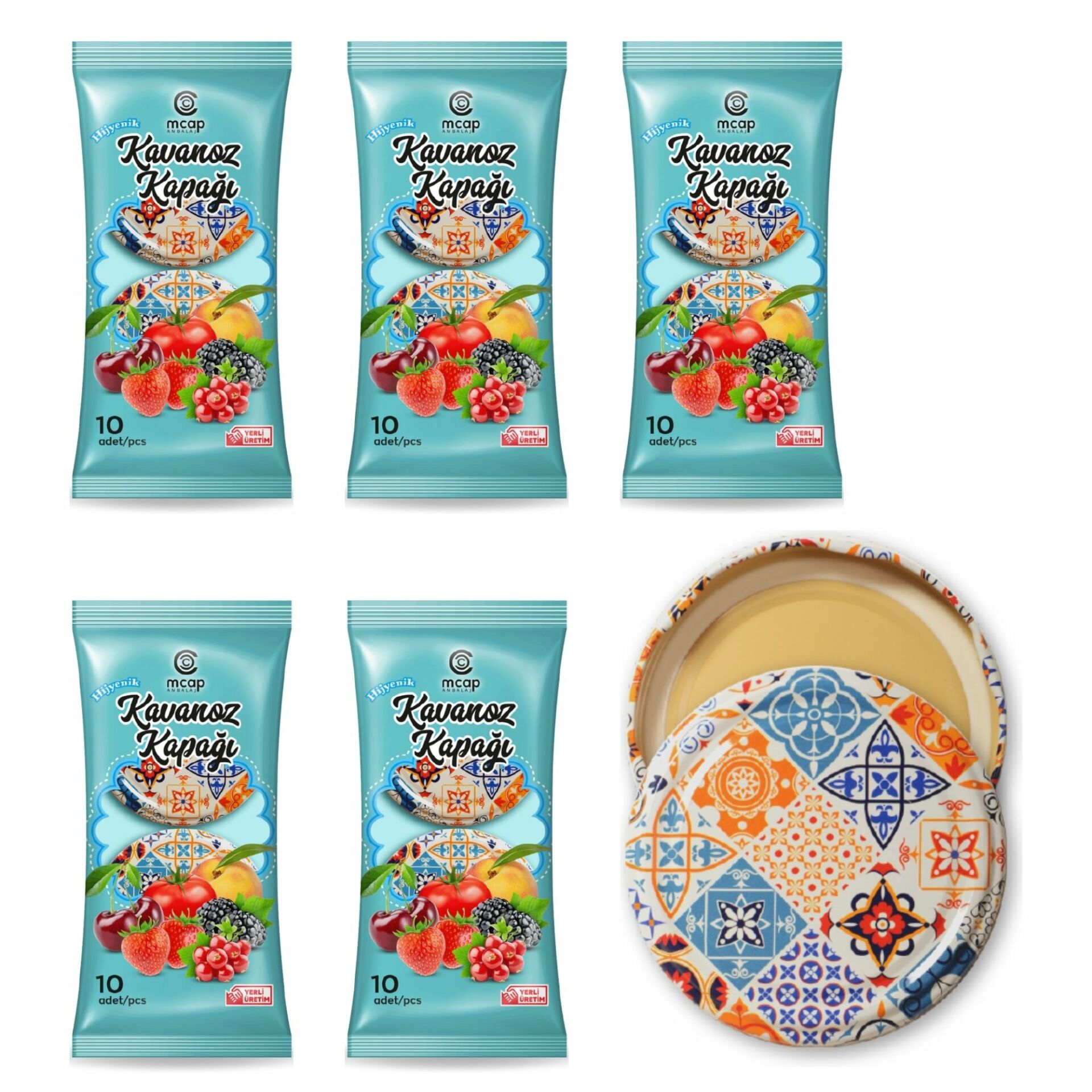 Desenli Konserve Kavanoz Kapağı - 5 Paket - 50 Adet (Standart Boy - 82 mm) - Desen 1