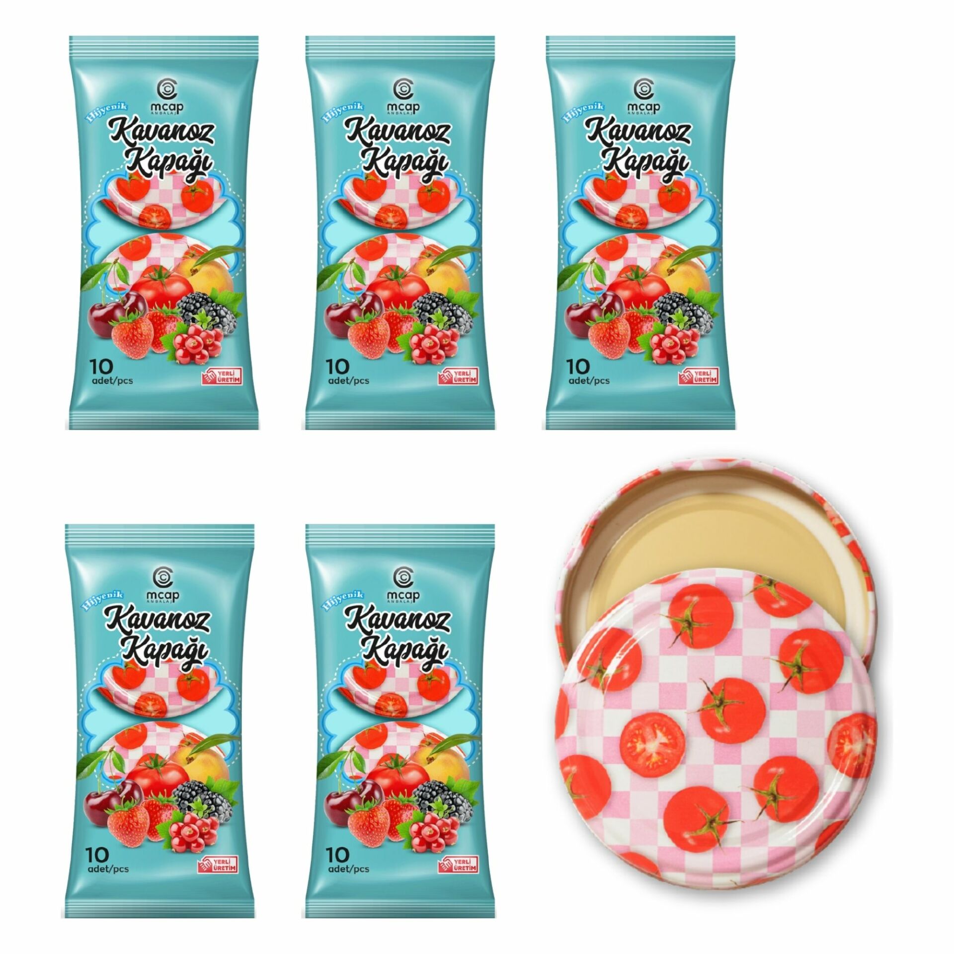 Desenli Konserve Kavanoz Kapağı - 5 Paket - 50 Adet (Standart Boy - 82 mm) - Domates Desenli