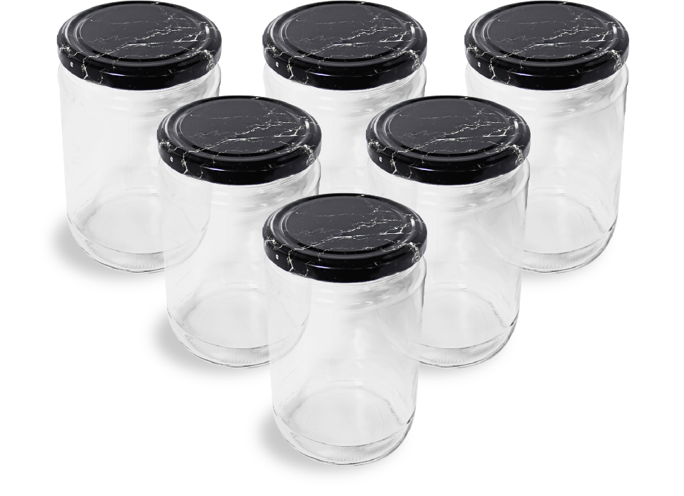 Cam Kavanoz ve Mermer Desenli Kavanoz Kapak Çeşitleri - 6 Adet (660 ml - 82mm)
