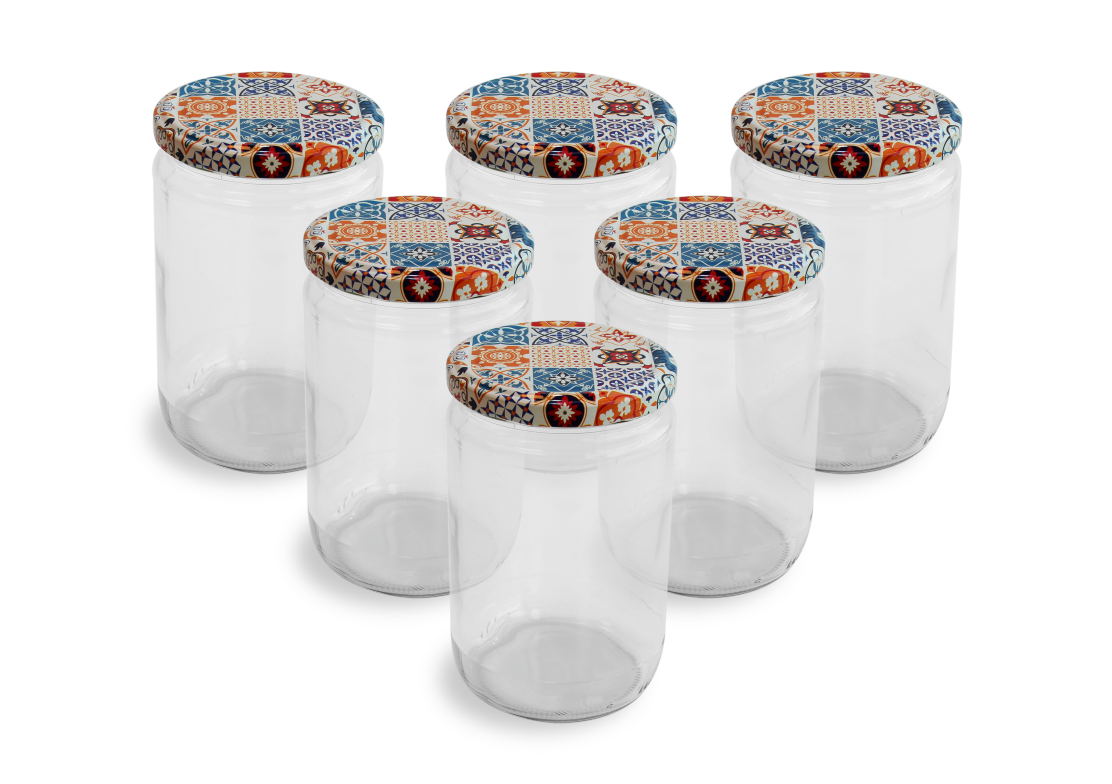 Cam Kavanoz ve Çini 1 Desenli Kavanoz Kapak Çeşitleri - 6 Adet (660 ml - 82mm)