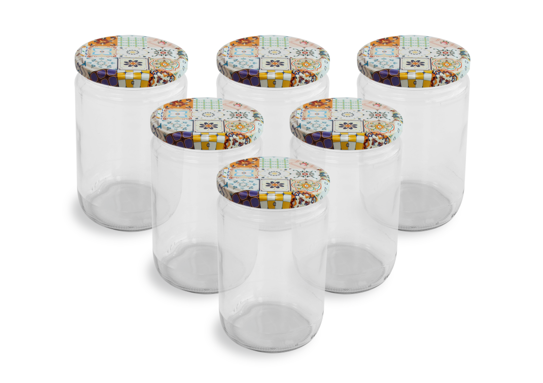 Cam Kavanoz ve Çini 2 Desenli Kavanoz Kapak Çeşitleri - 6 Adet (660 ml - 82mm)