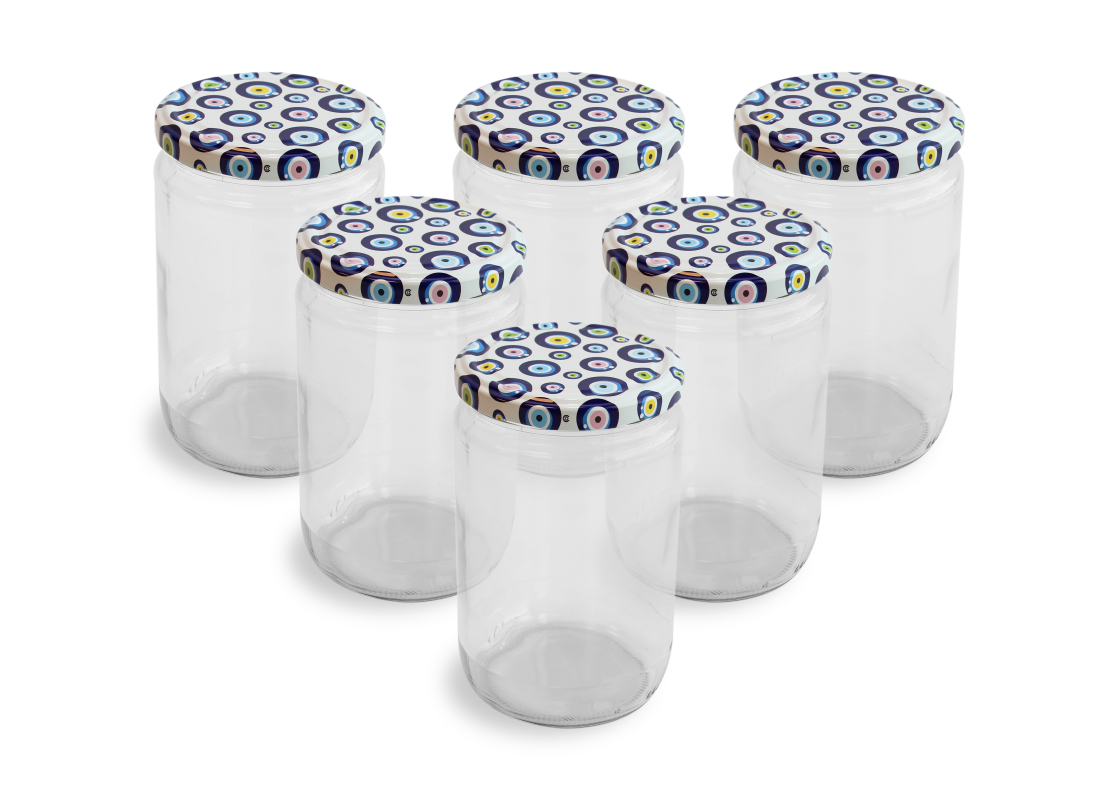 Cam Kavanoz ve Nazar Boncuğu Desenli Kavanoz Kapak Çeşitleri - 6 Adet (660 ml - 82mm)