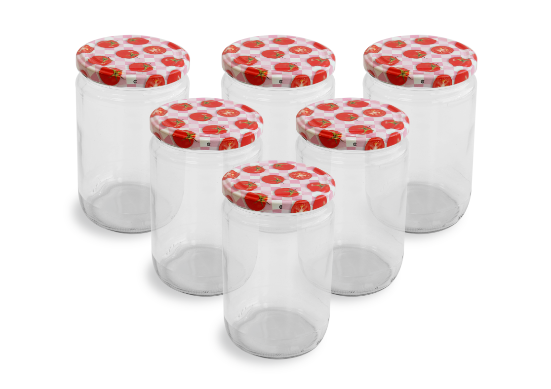 Cam Kavanoz ve Domates Desenli Kavanoz Kapak Çeşitleri - 6 Adet (660 ml - 82mm)