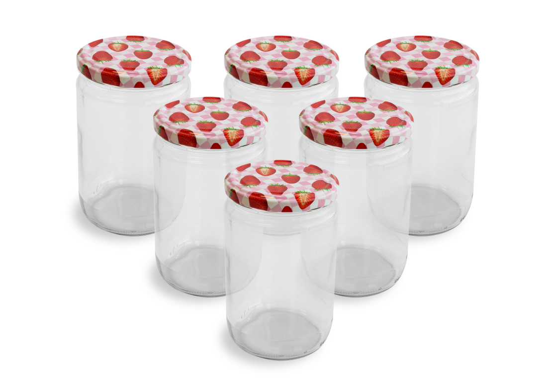 Cam Kavanoz ve Çilek Desenli Kavanoz Kapak Çeşitleri - 6 Adet (660 ml - 82mm)