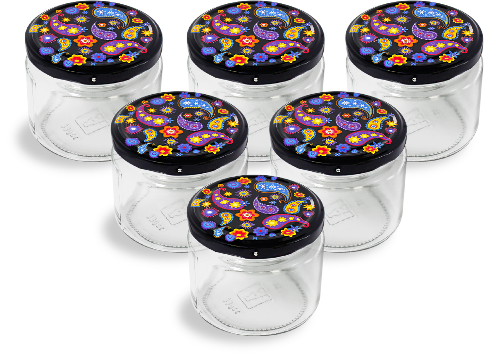 Cam Kavanoz ve Şal Desenli Kavanoz Kapak Çeşitleri - 6 Adet (330 ml - 82mm)