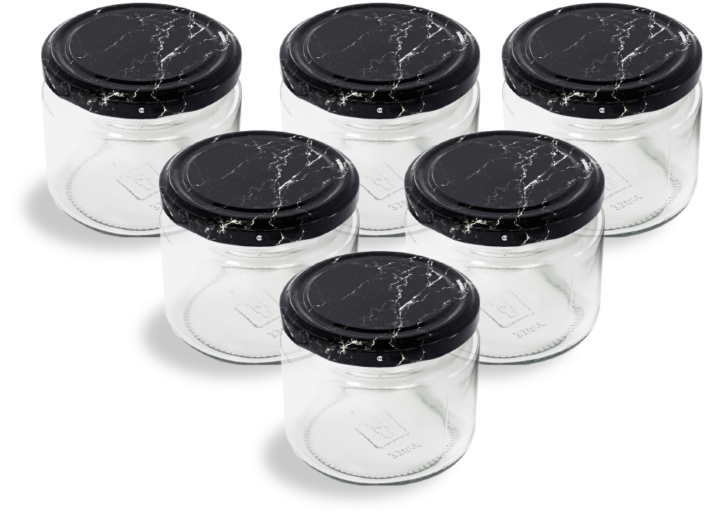 Cam Kavanoz ve Mermer Desenli Kavanoz Kapak Çeşitleri - 6 Adet (330 ml - 82mm)