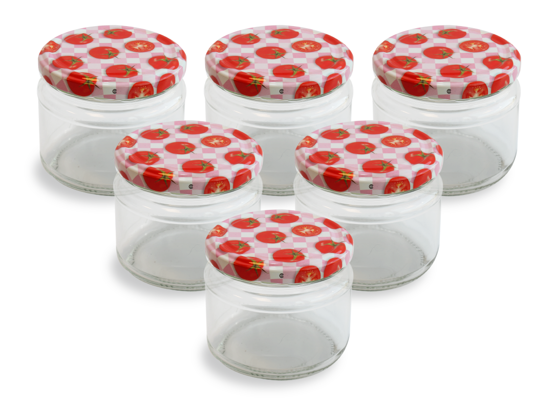 Cam Kavanoz ve Domates Desenli Kavanoz Kapak Çeşitleri - 6 Adet (330 ml - 82mm)