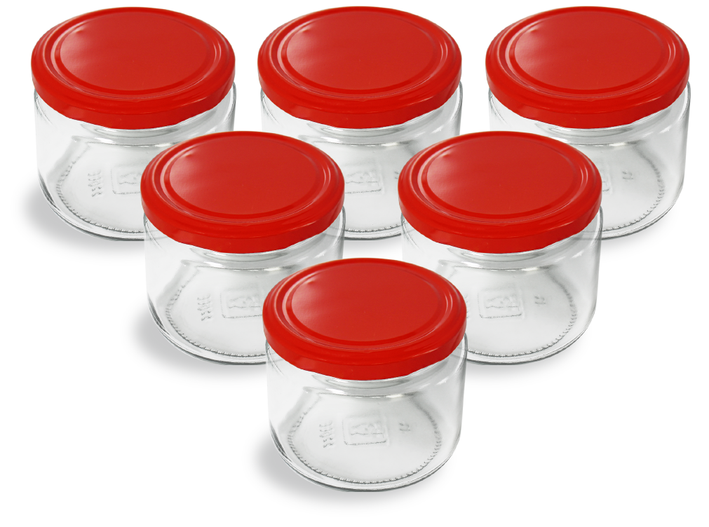Cam Kavanoz ve Kırmızı Renk Kavanoz Kapak Çeşitleri - 6 Adet (330 ml - 82mm)