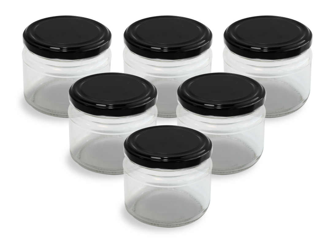 Cam Kavanoz ve Siyah Renk Kavanoz Kapak Çeşitleri - 6 Adet (330 ml - 82mm)