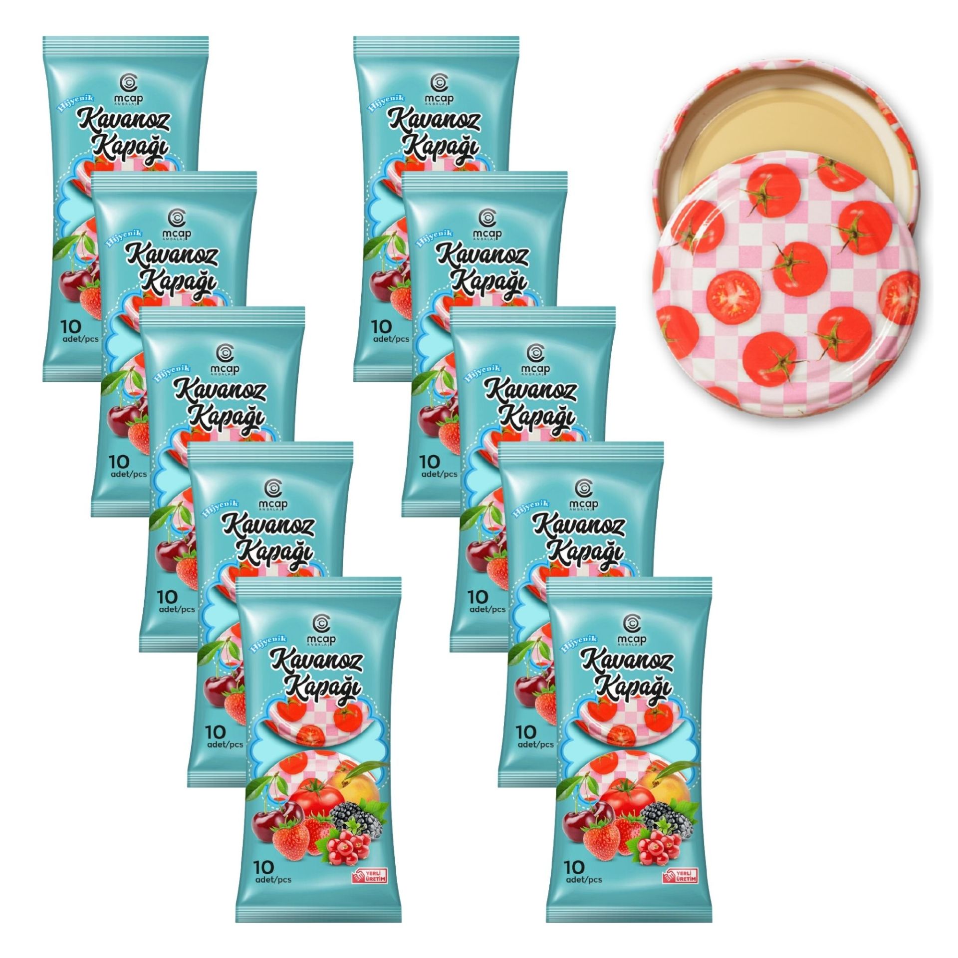 Konserve Kavanoz Kapağı - 10 Paket - 100 Adet (Standart Boy - 82 mm) Domates Desenli