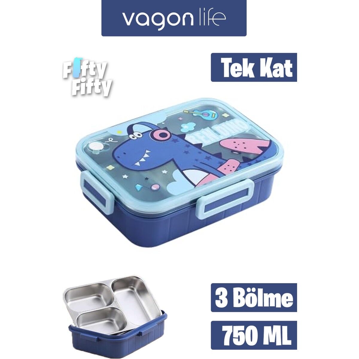 Vagonlife Bento 750ml Lunchbox Sevimli Dostlar Tek Katlı 3 Bölmeli Paslanmaz Çelik Sefer Tası Yemek Kutusu (Mavi Dinozor)