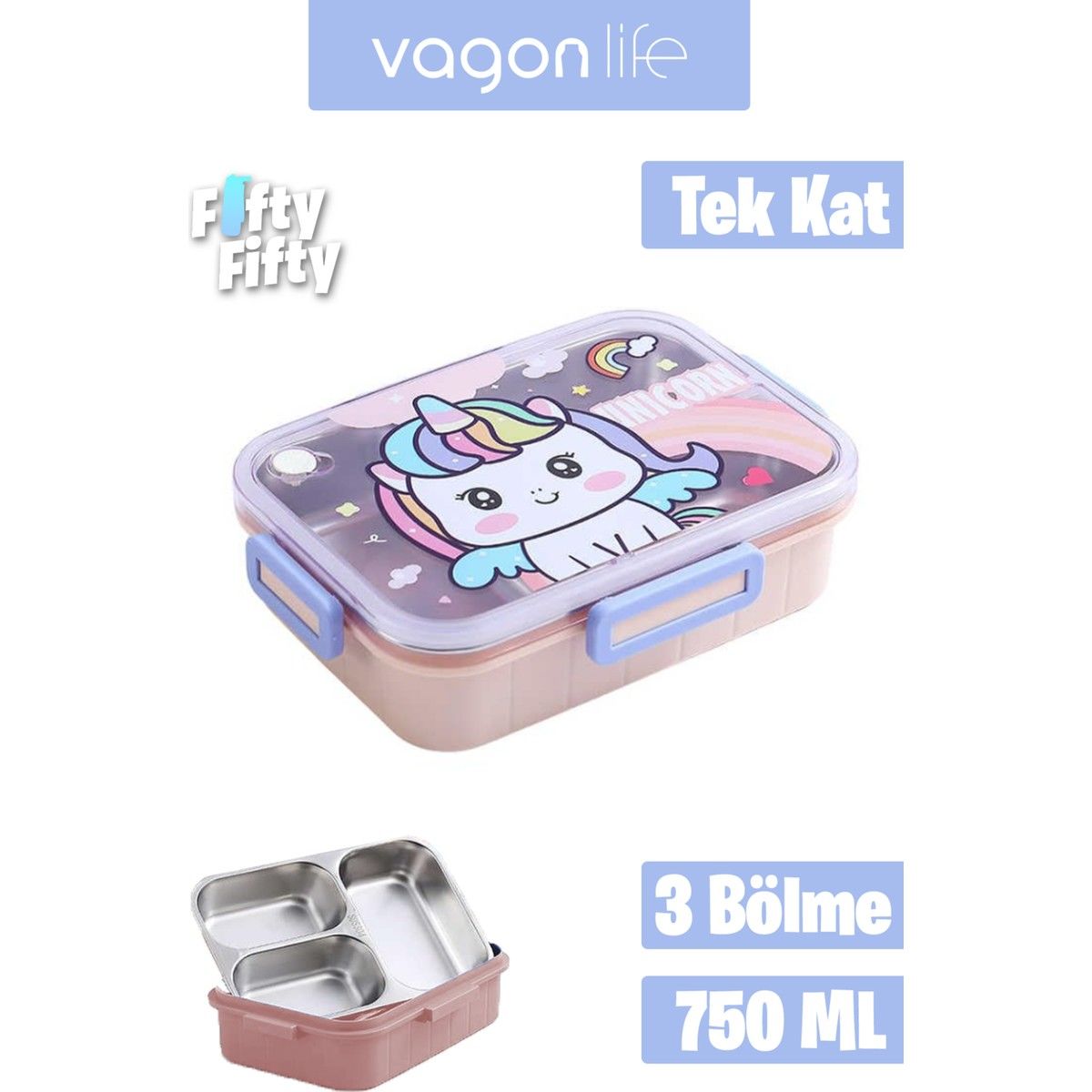 Vagonlife Bento 750ml Lunchbox Sevimli Dostlar Tek Katlı 3 Bölmeli Paslanmaz Çelik Sefer Tası Yemek Kutusu (Pembe Unicorn